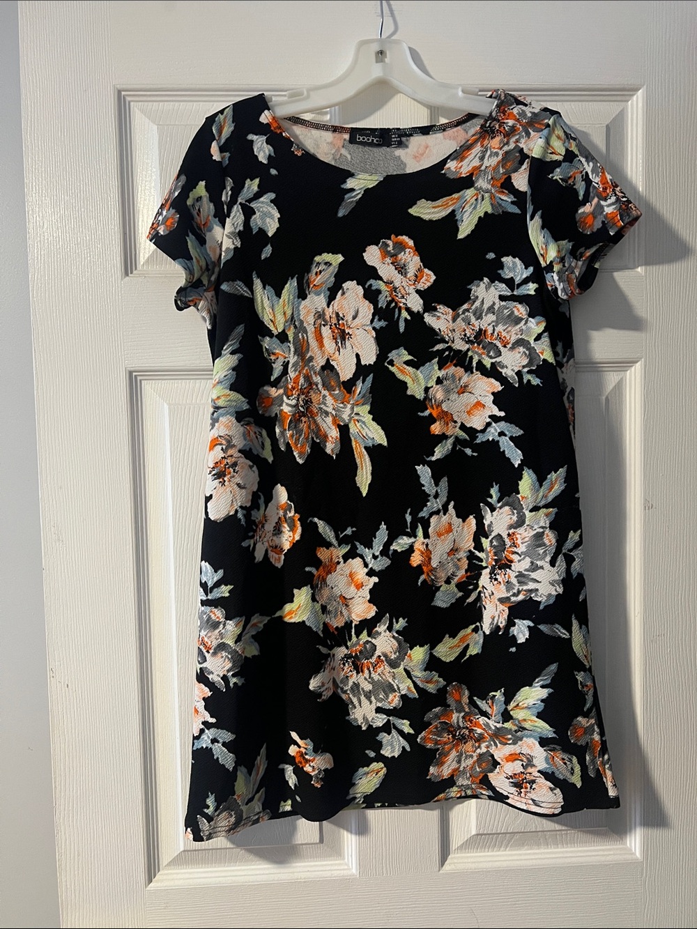 Boohoo Black Floral Mini Dress with Orange and Cream Blooms